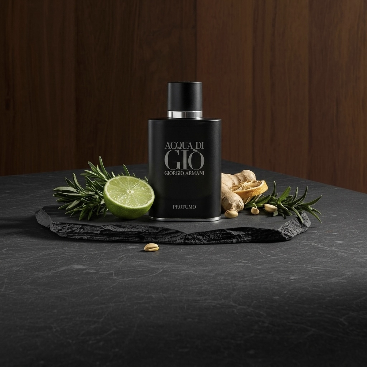Giorgio Armani Acqua di Gio Profumo Parfümprobe – Flakon auf dunkler Steinplatte vor Holzwand, ringsum die Duftzutaten