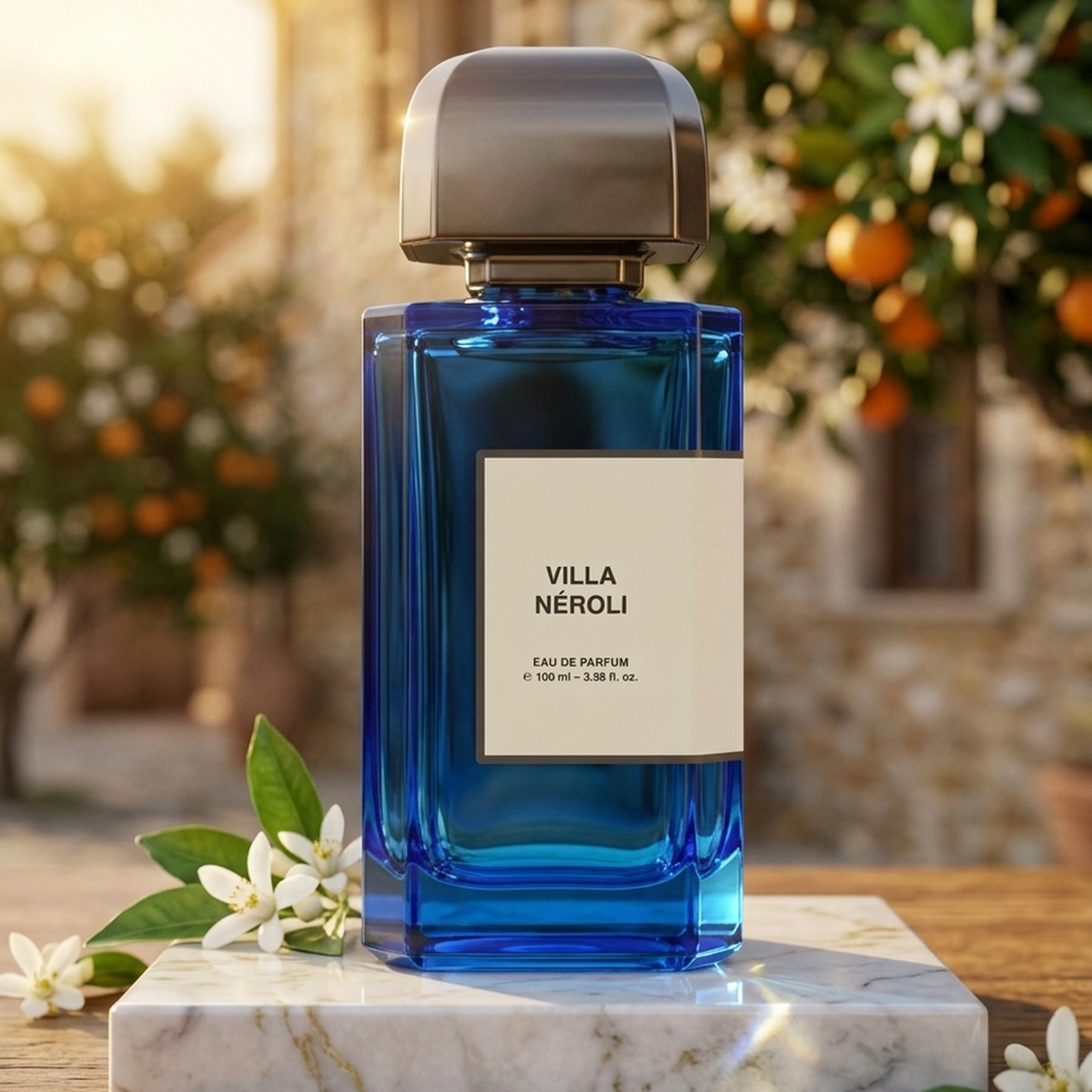 BDK Parfums Villa Néroli Parfümprobe – Flakon auf Marmorsockel, daneben Orangenblüten, im Hintergrund Orangenbäume