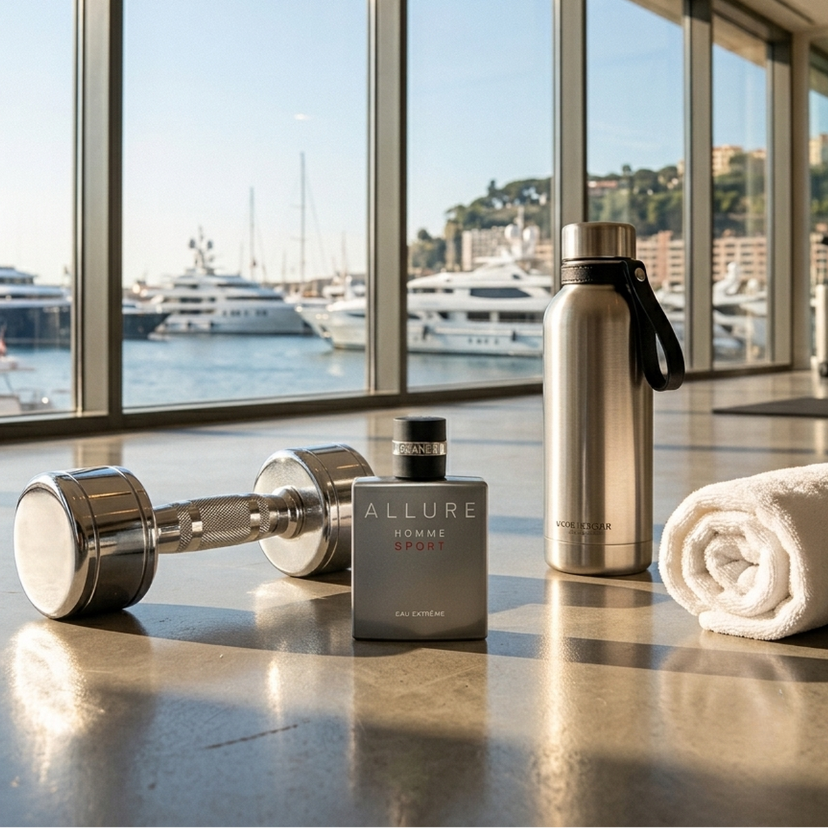Chanel Allure Homme Sport Eau Extreme Parfümprobe – Flakon im Fitnessstudio neben Hantel und Handtuch, im Hintergrund ein Yachthafen