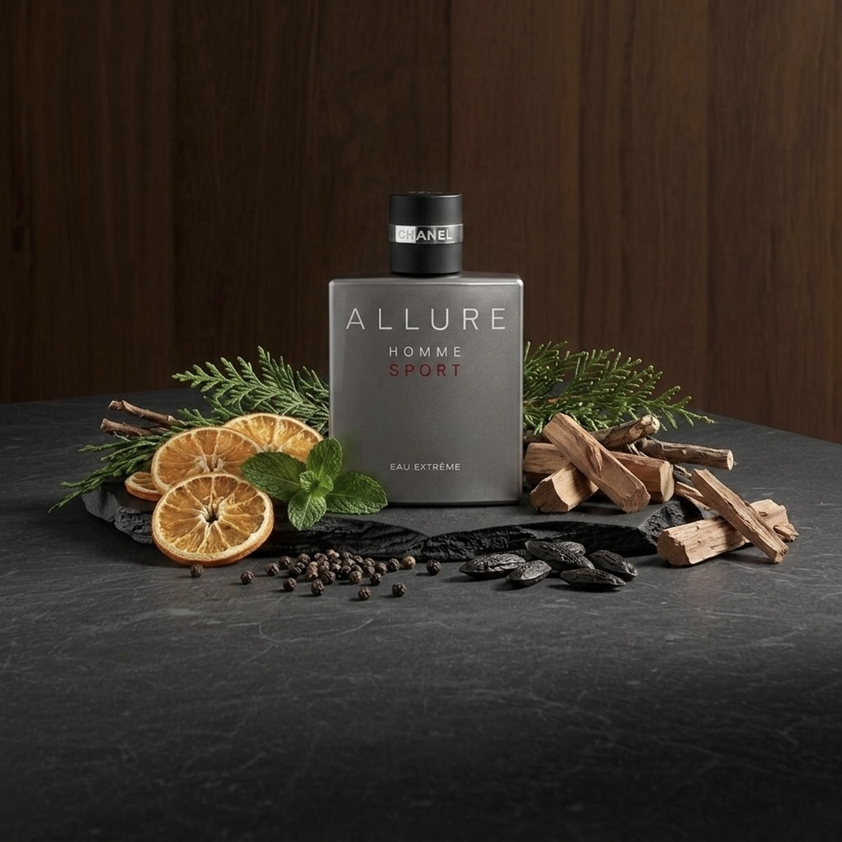 Chanel Allure Homme Sport Eau Extreme Parfümprobe – Flakon auf dunkler Steinplatte vor Holzwand, ringsum die Duftzutaten