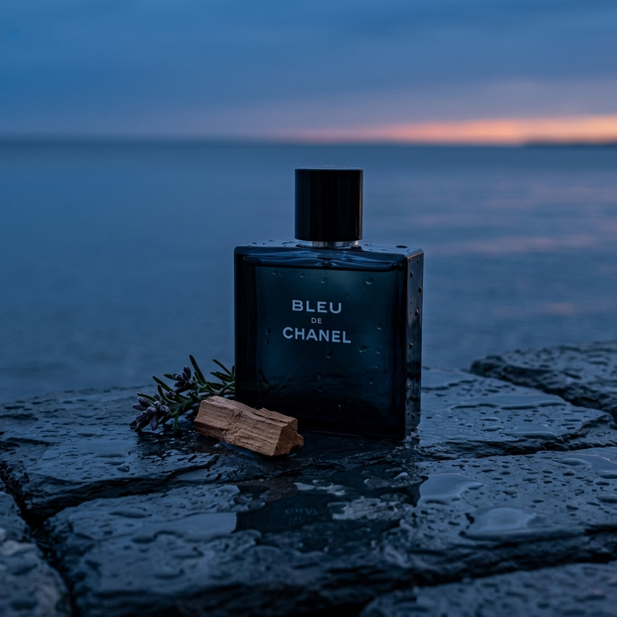 Chanel Bleu de Chanel Parfümprobe – Flakon auf nassem Fels am Meer in der Dämmerung, daneben Holzstück und Lavendel