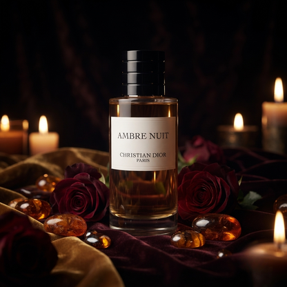 Dior Ambre Nuit Parfümprobe – Flakon auf dunklem Samt zwischen roten Rosen, Bernsteinen und Kerzen