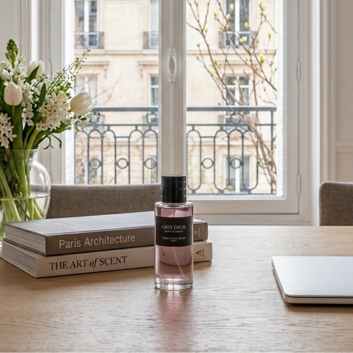 Dior Gris Dior Esprit de Parfum Parfümprobe – Flakon auf Holztisch mit weißen Blumen und Büchern in Pariser Apartment
