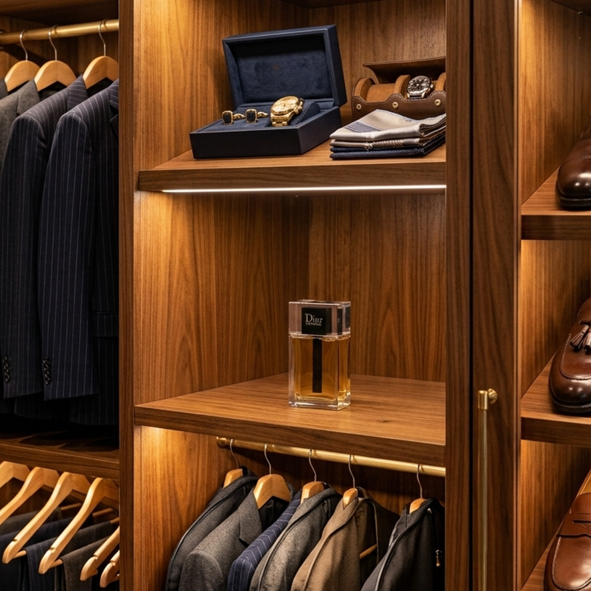 Dior Homme Parfümprobe – Flakon im Ankleidezimmer aus Nussbaumholz zwischen Anzügen, Uhren und Schuhen