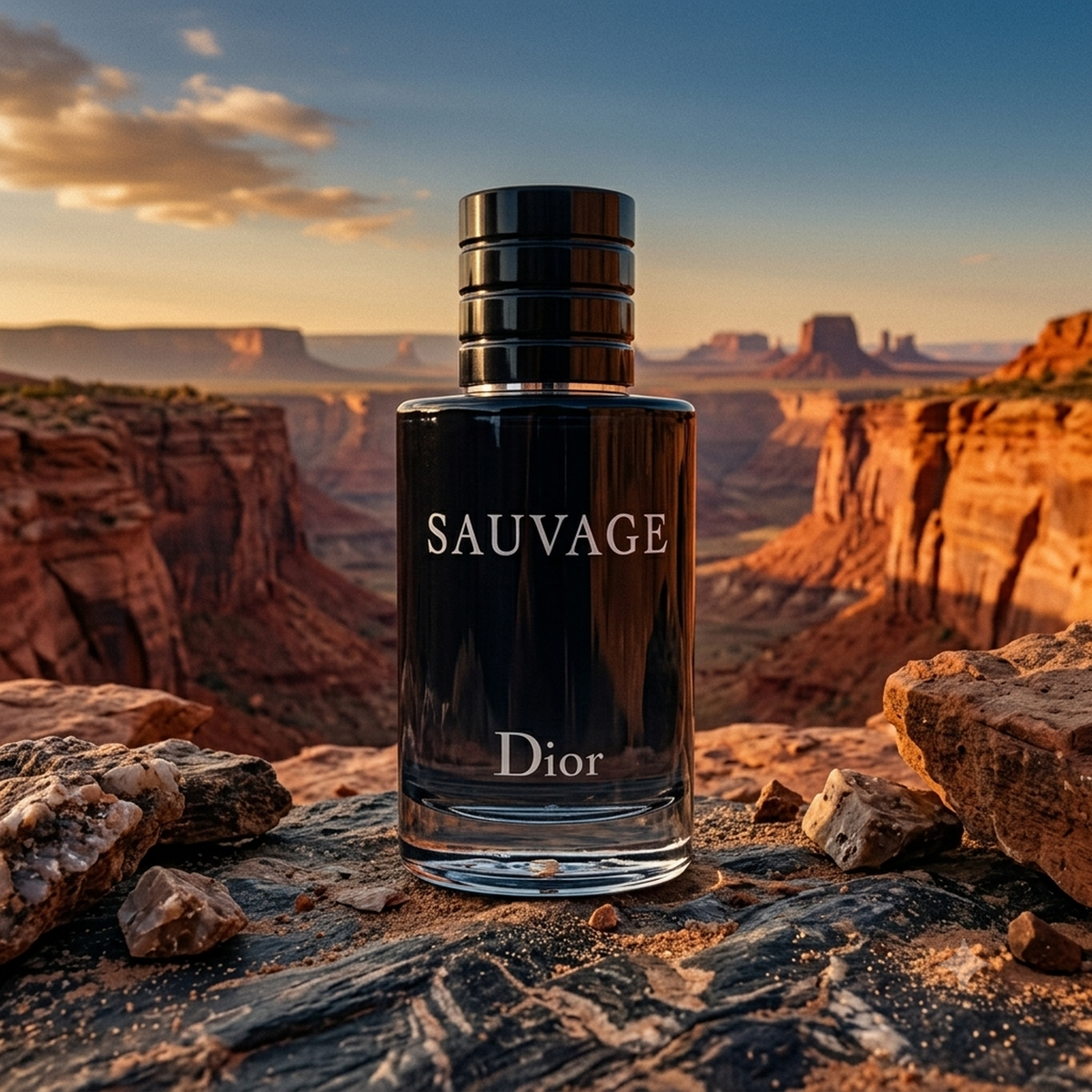 Dior Sauvage Parfümprobe – Flakon auf einem Felsen vor rotem Canyon im Abendlicht