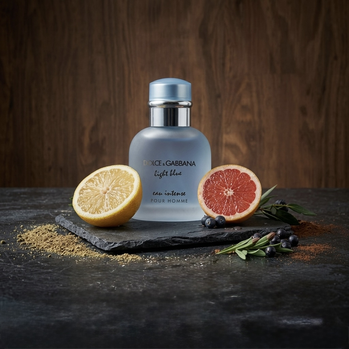 Dolce & Gabbana Light Blue eau intense Pour Homme Parfümprobe – Flakon auf dunkler Steinplatte vor Holzwand, ringsum die Duftzutaten