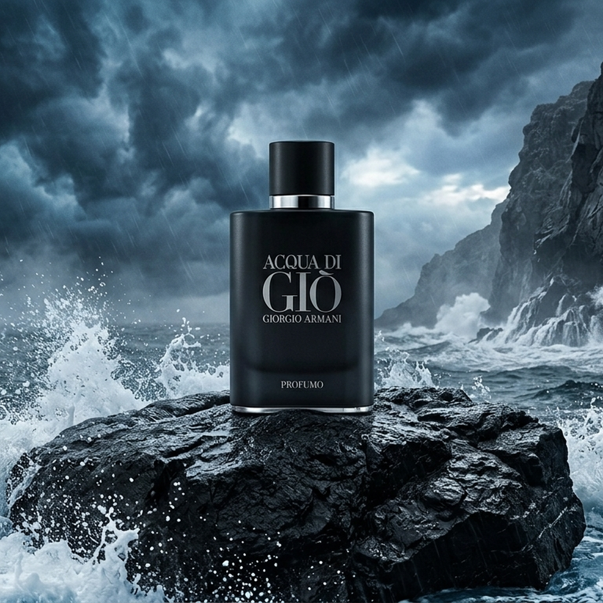 Giorgio Armani Acqua di Gio Profumo Parfümprobe – Flakon auf dunklem Fels vor stürmischer Meer mit brechenden Wellen