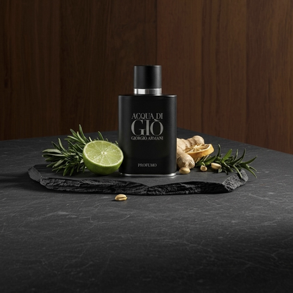 Giorgio Armani Acqua di Gio Profumo Parfümprobe – Flakon auf dunkler Steinplatte vor Holzwand, ringsum die Duftzutaten