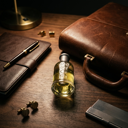 Hugo Boss Boss Bottled Parfümprobe – Flakon auf Holzschreibtisch neben Ledertasche, Notizbuch und Manschettenknöpfen