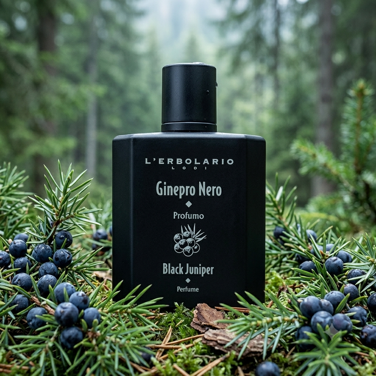 L'erbolario Ginepro Nero Profumo Parfümprobe – Flakon im Wald, umgeben von Wacholderbeeren und Wacholderzweigen