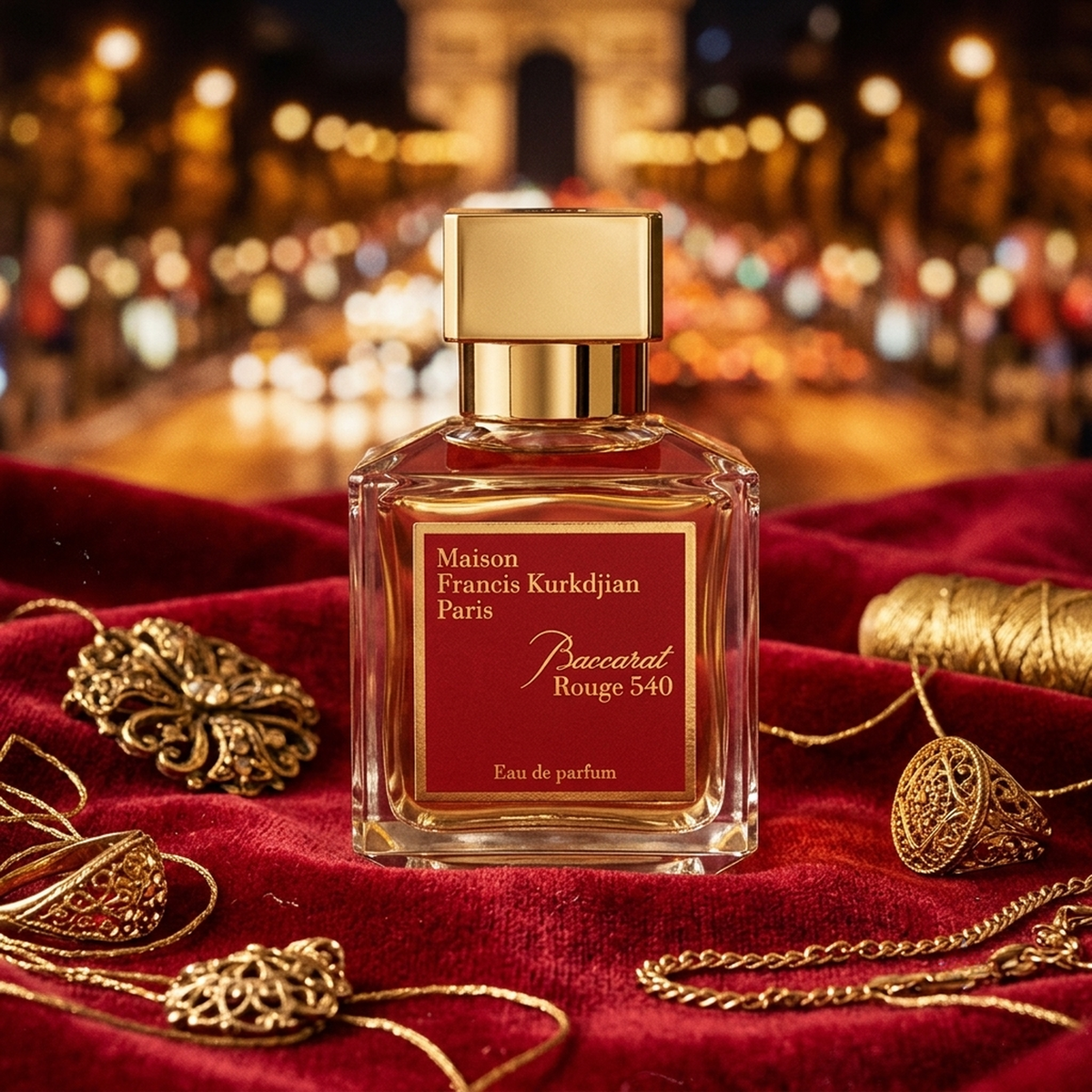 Maison Francis Kurkdjian Baccarat Rouge 540 Parfümprobe – Flakon auf rotem Samt mit Goldschmuck, im Hintergrund Paris bei Nacht