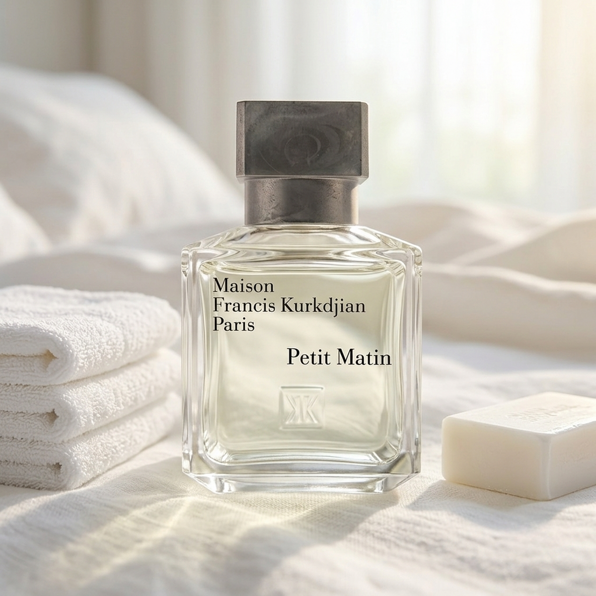 Maison Francis Kurkdjian Petit Matin Parfümprobe – Flakon auf weißer Bettwäsche neben Handtüchern und Seife