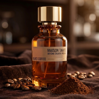 Maison Tahité Velvet Coffee Parfümprobe – Flakon zwischen Kaffeebohnen und gemahlenem Kaffee