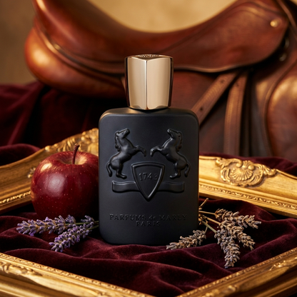 Parfums de Marly Layton Parfümprobe – Flakon auf rotem Samt mit rotem Apfel und Lavendel, dahinter ein Ledersattel