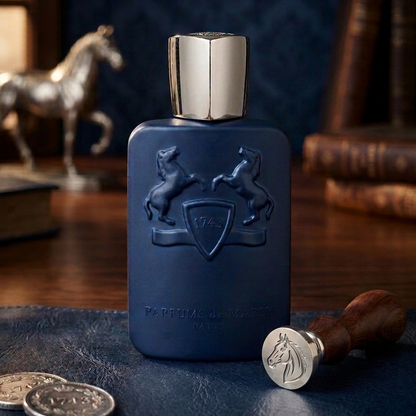 Parfums de Marly Percival Parfümprobe – Flakon auf Schreibtisch mit Pferdefigur, Büchern und Siegelstempel
