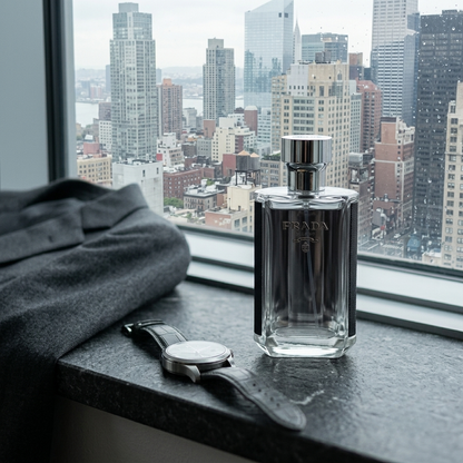 Prada L'Homme Parfümprobe – Flakon auf Fensterbank mit Blick auf eine Großstadt-Skyline, daneben Armbanduhr und Jacke