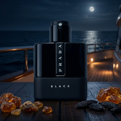 Prada Luna Rossa Black Parfümprobe – Flakon auf Yachtdeck bei Nacht unter Vollmond, umgeben von Bernstein und Trüffel