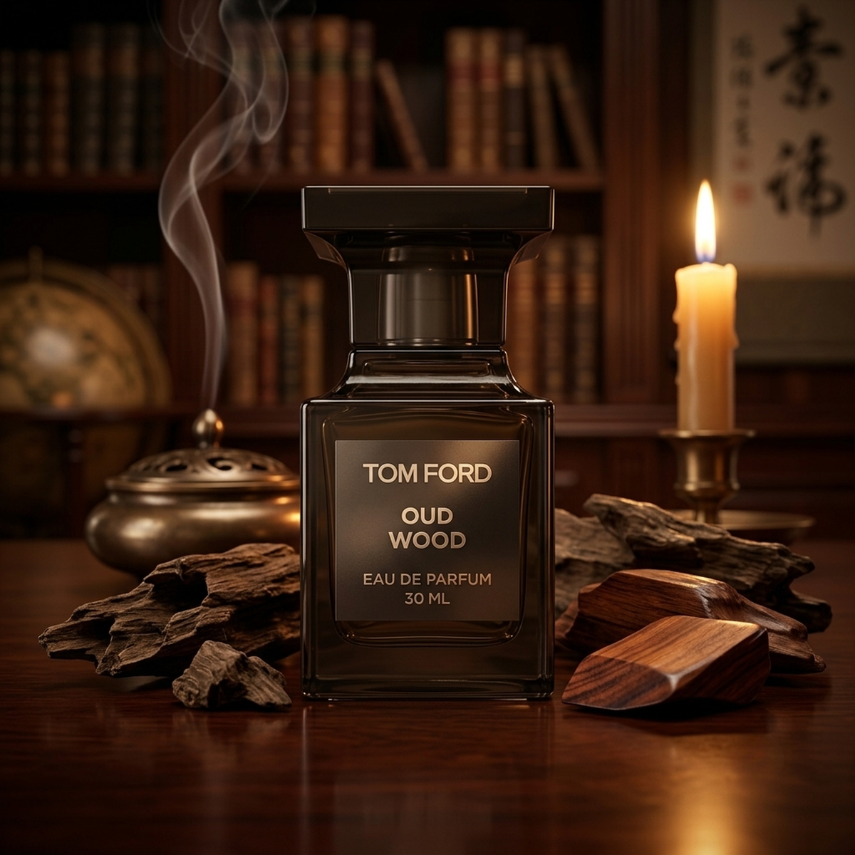 Tom Ford Oud Wood Parfümprobe – Flakon in Bibliothek zwischen Büchern, Räuchergefäß und Kerze