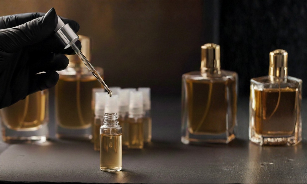 Parfum wird mit Pipette in kleine Parfümproben-Flakons abgefüllt