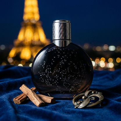 Van Cleef & Arpels Midnight in Paris Parfümprobe – Flakon mit Sternbildmuster vor beleuchtetem Eiffelturm bei Nacht