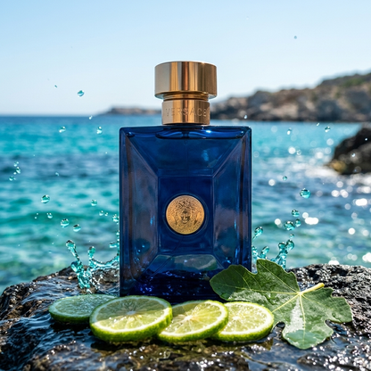Versace Dylan Blue pour Homme Parfümprobe – Flakon auf Felsen am Meer, daneben Limettenscheiben und ein Feigenblatt